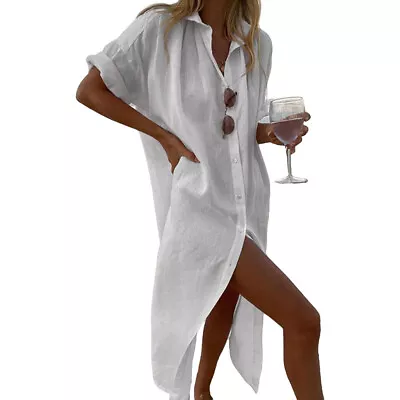 Women Linen Cotton Shirt Dress Casual Baggy Tunic Long Blouse Tops Kaftan Dress • £16.39