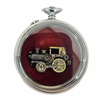 Vintage Steampunk Train Silver Necklace Pocket Watch Pendant Locket Glass RARE • $29.95