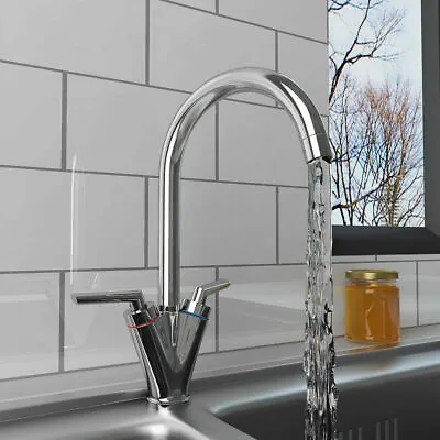 Modern Tap Swivel Spout Monobloc Kitchen Sink Mixer Taps Twin Dual Lever Chrome • £18.26