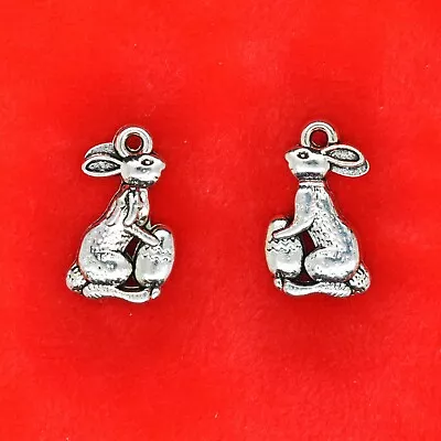 10 X Tibetan Silver Easter Rabbit Bunny With An Egg Charm Pendant • £2.59