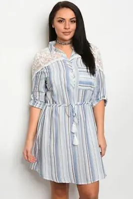 $29 • Buy NEW..Stylish Plus Size Blue Stripe Shirt Style Dress With Lace Detail.2XL/SZ18