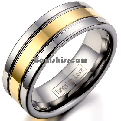 Men's 8mm Silver Tungsten Carbide Ring Gold Tone Stripe Center Wedding Band • $11.99