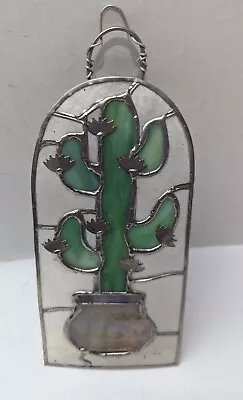 Vintage Cute Stained Glass Barrel Potted Cactus Suncatcher  8 X 4  • $24.99
