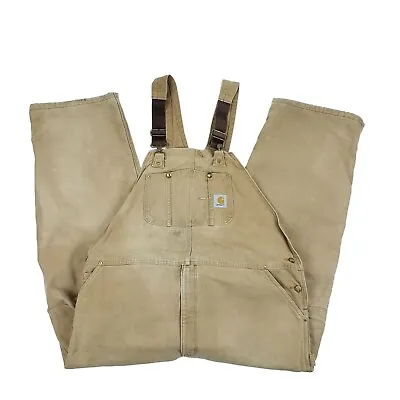 VTG Carhartt Size 48x30 R02 Double Knee Duck Canvas Tan Bib Overalls Quilted USA • $39.99