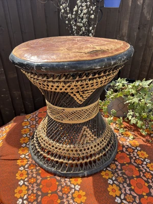 £79.99 • Buy Vintage Moroccan African Woven Wicker Leather Stool Retro Tiki Boho