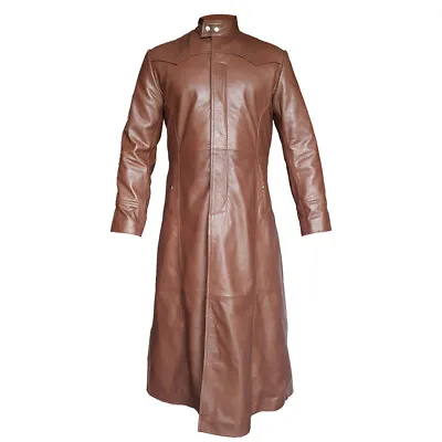 Mens Trench Coat Real BROWN Leather Goth Matrix Steampunk Gothic Van Helsing • $184.99