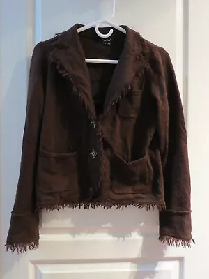 ECI New York Hobo Style Wool Brown V-Neck Cardigan Jacket W/ Fringe Decor Size 8 • $23.50