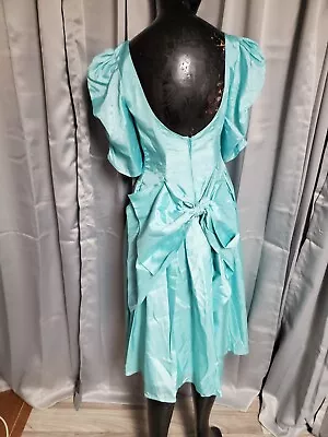 XS-S Vtg Dress Gown Prom Midi 80s Ice Blue Bridesmaid Really Big BOW Puff Sleeve • $35.99