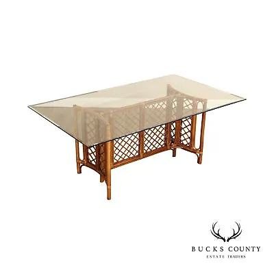 Hollywood Regency Glass Top Bamboo Rattan Dining Table • $1095