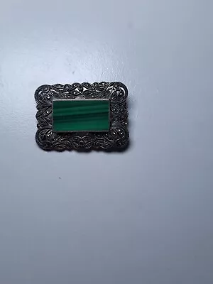 Vintage 925 Sterling Silver Green Malachite Marcasite Stones Brooch Pin • $40.01