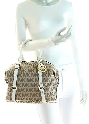 Michael Kors Bedford Medium Logo Jacquard Satchel Bag Beige Vanilla NWT $368.00 • $149.90