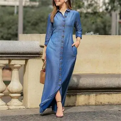 £18.99 • Buy Plus Size Womens Denim Maxi Dress Ladies Long Sleeve Button Jeans Shirt Dress UK