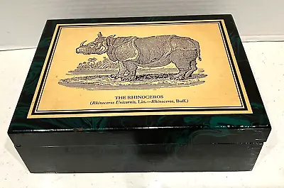 Vtg. Faux Malachite Decoupage Box W/ Rhinoceros Lid Handpainted Mcm • $34.95