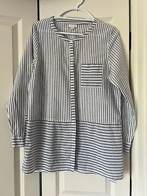 J. Jill Striped Womens Blue &White Cotton Mandarin Collar Button Down Tunic L • $15