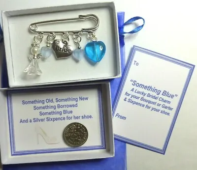Something Blue Lucky Bridal Brooch Pin For Bouquet With Sixpence Coin CHOICES • £6.49