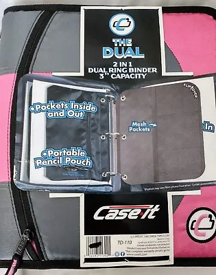 Case-It Dual 2 In 1 Dual Ring 3  Zipper Binder Pink/Gray • $14
