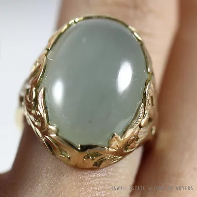 Ming's Hawaii Green Jade Large Cabochon 14k Yellow Gold Ring (size 4.5) • $1400