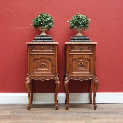 $1650 • Buy Antique French Oak And Marble Bedside Cabinet, Lamp Or Side Tables, Marble Top