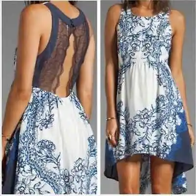 Free People Hi Lo Lace Open Back Blue White Russian Plate Dress Small • $35