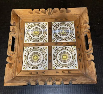 Mexican Hand Carved Wood & Yellow Retro Tiles Serving Tray With Handles • $38