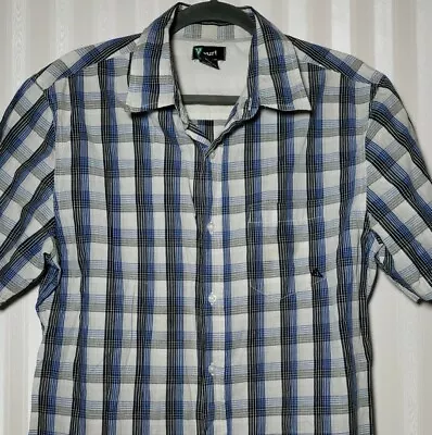 Vurt Mens Sz M Button Front Shirt Blue Gray Plaid 100% Cotton Short Sleeve EUC • $14.99