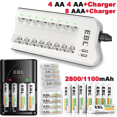 EBL AA AAA Rechargeable Batteries NiMH 1.2V / 4-8 Bay Battery Smart Charger Lot • $10.19