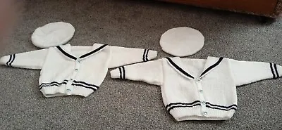Handknitted Twin Baby Boy Sailor Outfits With Boat Buttons And Hat 6-12 Months • £20
