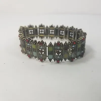 Vintage Ornate Rhinestone Bracelet Silver Tone Art Deco Stretch • $19.99