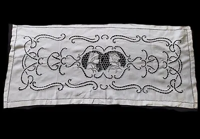 Antique Linen Lace White Embroiedry Textile Figured Panel Wall Hanging  559 • $117