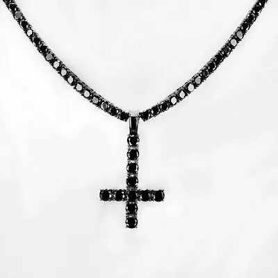 Tennis Chain W. Upside Down Cross Solid Real 925 Silver 4mm Black CZ Hip Hop • £170