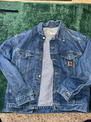 $22.50 • Buy Vintage 90s Carhartt Denim Jacket Harley Davidson Patch Men’s Sz Large L