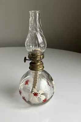 Vintage 1950s 7” Mini-Kerosene Lamp Red & White Floral Design Farm Cottage Core • $24.99