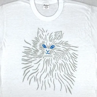 Vintage 80s CAT DISTRESSED PAPER THIN T-Shirt M Single Stitch Kitten Art Glitter • $25.49