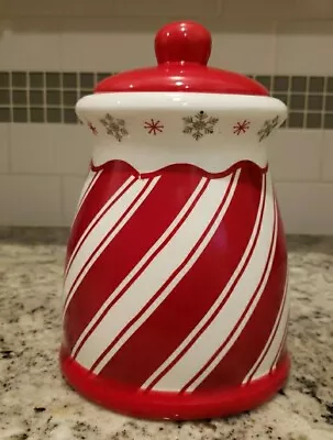 Terramoto Ceramic Candy Cane Stripe Red White Snowflakes Christmas Cookie Jar 9  • $29.74