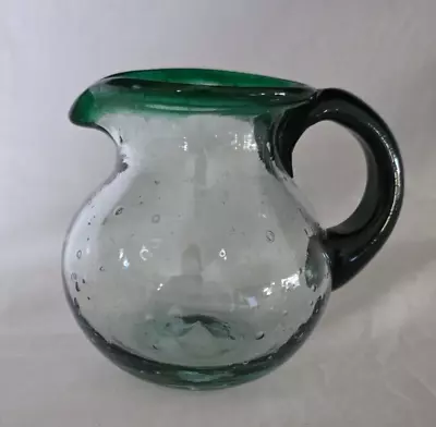 Hand Blown Mini Pitcher Mexican Glass Creamer Green Bubble Glass 4.25” 12oz • $9.99