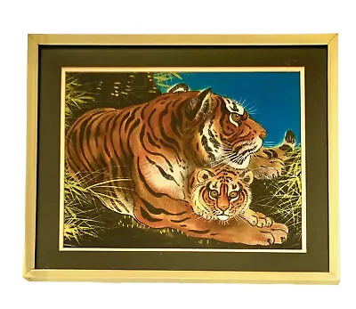 Tiger And Cub Original Pastel Coloured Framed Glass Vintage Art Gift Decor • $190