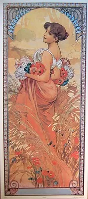 Art Print~SUMMER~Alphonse Mucha Tall Lady Nouveau Deco Flowers Vtg Repro 13x29 • $13.99