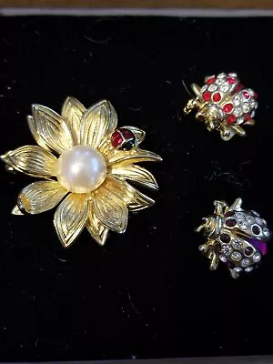 Vintage 3 Ann Klien Floral Lady Bugs Goldtone Rhinestone Marked DT • $45