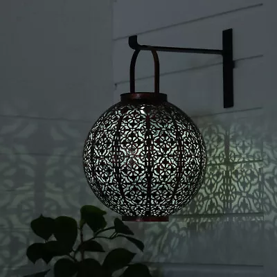 Solar LED Light Up Red Bronze Metal Moroccan Outdoor Garden Hanging Lantern Lamp • £9.95