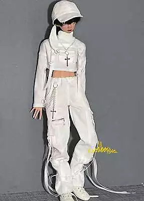 1/4 MSD BJD Clothes PUNK Motorcycle Suit Solid White Top+Pants+Mask+Cap+Necklace • $34.68