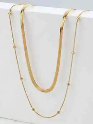 £4.99 • Buy Necklace Layers Flat Snake Chain  Beads Chain Golden Tone 