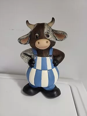 Vtg Ceramic Cow Cookie Jar Hand Painted Farmer Cow Farmhouse 11.5in Heifer  • $25