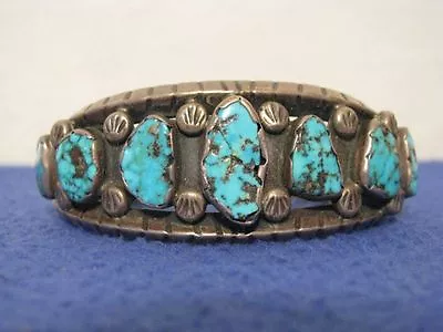 VINTAGE 1960's SW NEW MEXICO SILVER / BLUE TURQUOISE BRACELET WITH 7 NUGGETS • $375