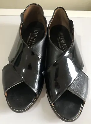 Kuwaii Black Patent Leather & Leather Crossover Flat Women's Sandals Size 37 • $55