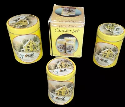 VTG Currier & Ives Yellow/White Winter Snowy Day 3-Piece Metal Tin Canister Set  • $14.24