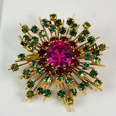 Vintage AUSTRIAN Starburst Atomic Pink Red Green Crystal Gold Tone Brooch Pin • $49.99