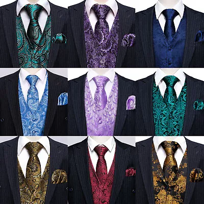 Fashion Men's Waistcoat Coat Vest Tie Hankie SET Formal Dress Suit Slim Tuxedo • $47.98