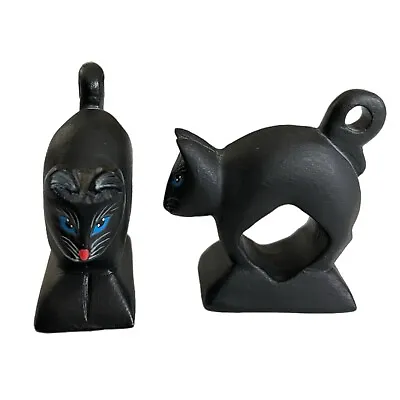 Vintage Set Of 2 Mid Century Black Cat Carved Painted Napkin Rings Holders • $29.74