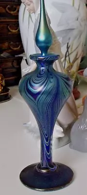 OKRA Iridescent Blue Nebula Swirl Glass Perfume Bottle 22cm Signed 1989 No. 85 • £64.95