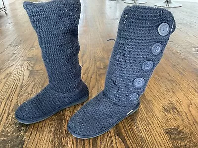 MUK LUKS A La Mode Tall Sweater Boots Blue Button Up Knee High Knit Shoes Sz. 8 • $25.72